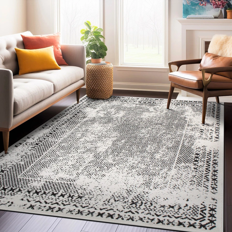 Alfombra de área Rugshop alfombras bohemias con borde envejecido para sala de estar alfombras negras 8x10 Foto 1 de 4