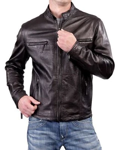 Schwarze Herren Lederjacke echtes Lammleder Biker Motorrad Trendy Jacke MJ25 - Bild 1 von 4