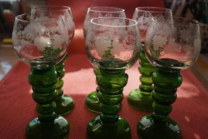 6 Römer Weingläser Gründerzeit mit 3 Noppen am Stiel, Weinlaub handmade - Bild 1 von 6