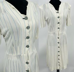 Late 1930's 1940's WWII Era Vintage Jersey Knit Cream & Blue Stripe Day Dress Sm