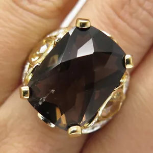 925 Sterling Silver Gold Plated Real Diamond Smoky Quartz & Citrine Ring Size 7 - Picture 1 of 9