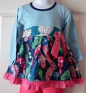 Girl's Tunic Shirt Fancy Feathers Size 7 Pink Blue Navy Ruffle Bottom - Picture 1 of 2