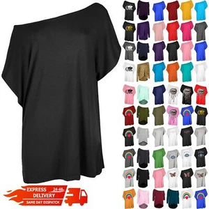 Womens Plain Slash Neck Oversized Baggy Top Ladies Off Shoulder Bardot T Shirt - Picture 1 of 46