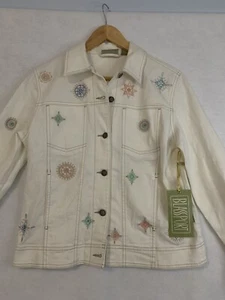 Blassport denim jacket white embroidered beaded Size S vintage button dn tags on - Picture 1 of 14