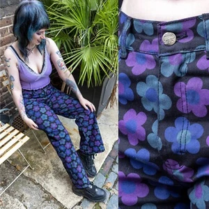 Run and Fly Schwarz Flower-Power Jeans Retro 90's Weites Bein Mama Jeans - Picture 1 of 5