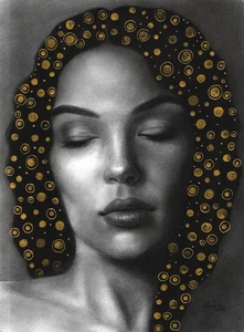original drawing 30 x 40 cm 75PvO artwork gold acrylic pastel female portrait - Picture 1 of 1