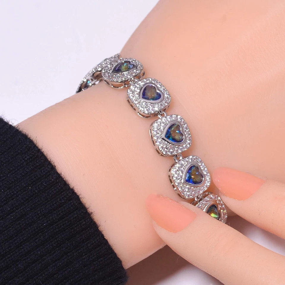 Brazalete Tenis Topacio Fuego Místico Arco Iris Azul y Plata Esterlina Cz925 7.99" B19 Foto 1 de 4