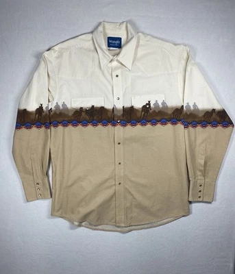 Vintage Wrangler Western Shirt Men’s XL Pearl Snap Horses Cowboys Aztec Mustangs - Image 1 of 4