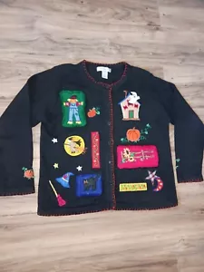 Vtg Arriviste Halloween Cardigan Sweater - Witch Pumpkin Black Cat - Size L - Picture 1 of 18