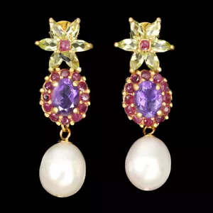 Summer 925 Silver Earrings Oval Amethyst 8x6mm Peridot Ruby Pearl Gemstone - Picture 1 of 10