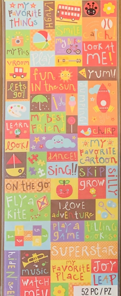K & Co Child's Play Fun Words Sayings Embossed Stickers Planner Crafts Scrapbook - Image 1 of 1