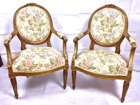 Antique French  Gold Guilt Arm Chairs Round Back 1800’s Cover
