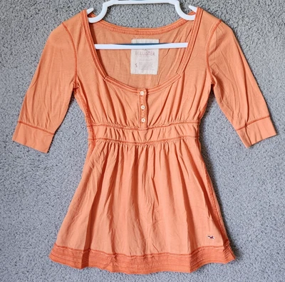 Vtg Y2K Hollister Square Button Neck Short Sleeve Babydoll Top Orange Size Small - Image 1 of 4