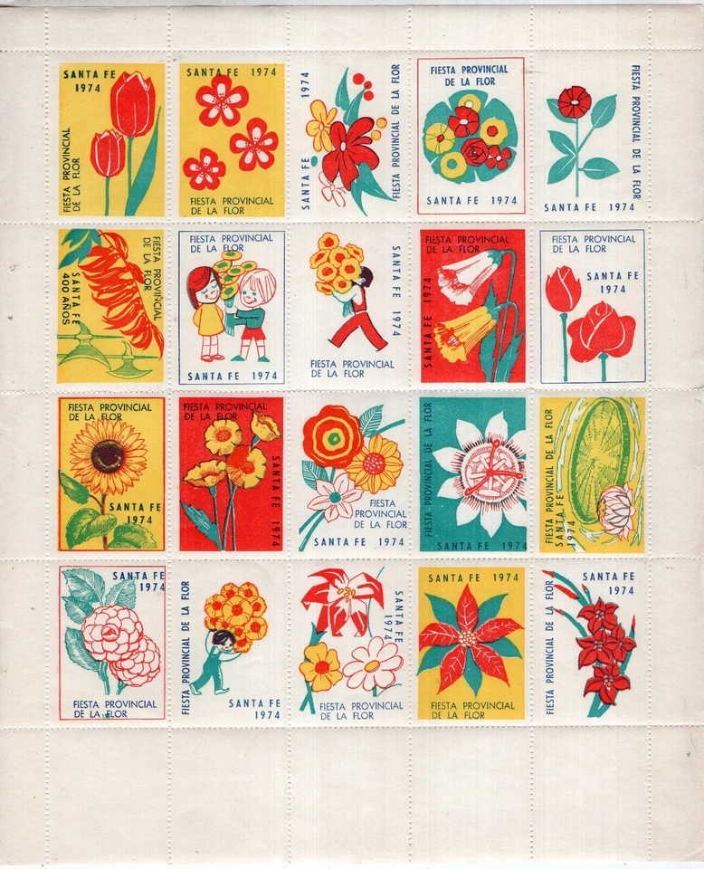 ARGENTINA, SANTA FE, FLOWER'S PARTY, 20 CINDERELLAS ON SOUVENIR SHEET, MNH - Image 1 of 1