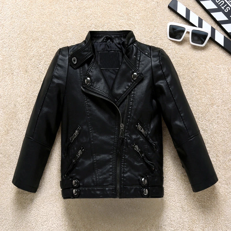 Kids Boys Girls Faux Leather Jacket Biker Outerwear Coats Trench Coat Outerwear - Image 1 of 4