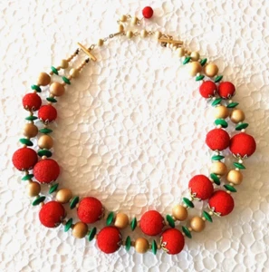 Vintage Beaded 2 Strand Necklace Wood Christmas Colors Red Green 17” - 20” - Picture 1 of 6