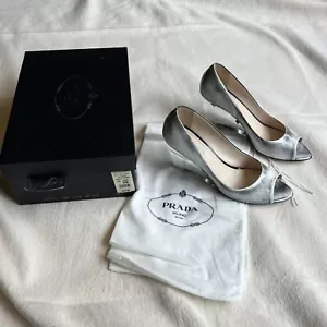 Prada Schuhe grau rauch Leder Peeptoe Heels transparent Wedges Damen 39,5 - Bild 1 von 11