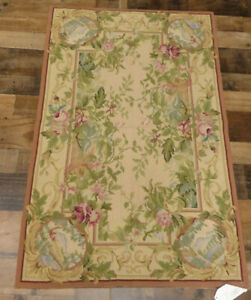 2'6"x4' Stunning French Aubusson floral chic hand knotted wool Needlepoint rug