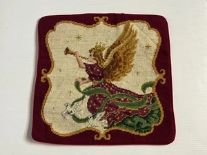NEW Wool Needlepoint Throw Pillow Cover Christmas Angel Horn Doves Holiday 14" - Picture 1 of 3