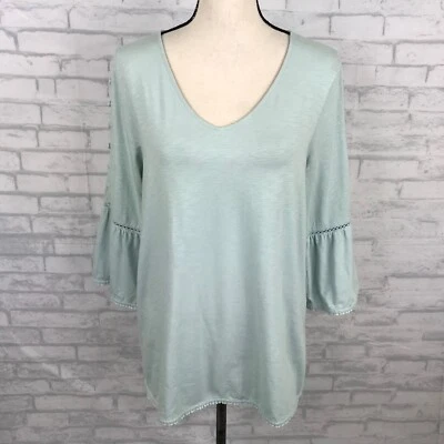 Camisa Top Túnica Jill Aqua Talla M Manga 3/4 Volantes Boho Pullover Mezcla de Algodón Foto 1 de 4