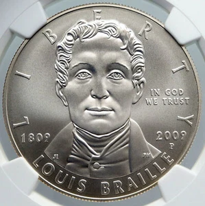 2009 UNITED STATES US Louis Braille Inventor Blind Deaf Silver $ Coin NGC i89168 - Picture 1 of 5