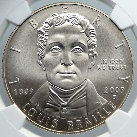 2009 UNITED STATES US Louis Braille Inventor Blind Deaf Silver $ Coin NGC i89168 Cover