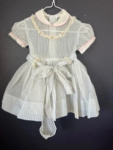 Vtg 1950s Blue Toddler Girl Party Dress Sheer Flocked Collar Nylon Square Dots - Picture 1 of 16