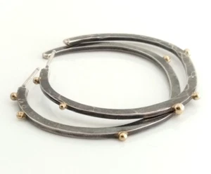 Designer Sterling Silver & 14k Yellow Gold Bead Modernist Oval Hoop Earrings FZ - Picture 1 of 5