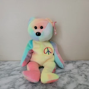 PEACE Bear Ty Dyed Beanie Baby Unique 1996 neon yellow Front Body - Picture 1 of 5