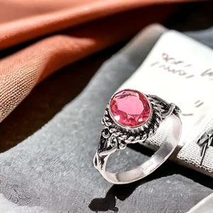 Gift For Women Vintage Ring Size 9.5 925 Silver Natural Pink Tourmaline Gemstone - Picture 1 of 7