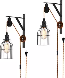 Farmhouse Plug in Pendant Light Set of 2 , Pulley Wall Pendant Lamp with 15-Foot - Picture 1 of 8