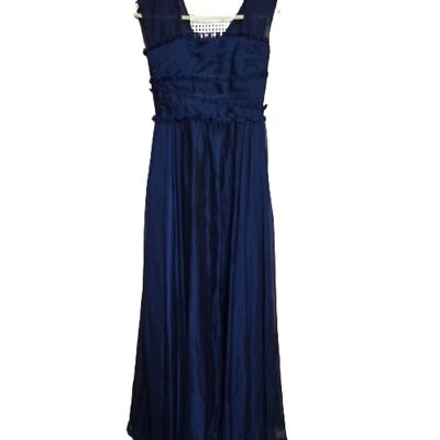 Maxi Vestido de Dama de Honor Monique Lhuillier Azul Marino Plisado de Gasa Talla 4 Pequeño Foto 1 de 4