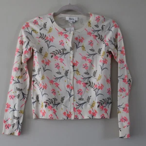 NWT Bonpoint Girls Button Front Cardigan White Neon Pink Floral Print Sweater 12 - Picture 1 of 7