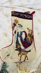 Vintage Weihnachtsstrumpf Nadelspitze Wolle Handarbeit Weihnachtsmann Hirsch - Bild 1 von 2