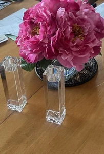 Oleg Cassini Crystal Taper Candlestick Holders Pair 6” Modern Block Cut - Picture 1 of 11