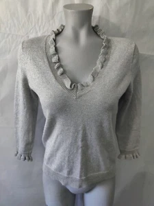 Chaps Classics Petite Silver Gray Metallic Ruffled V Neck Sweater Size PM - Picture 1 of 7