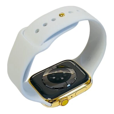 Custom 24K Gold Plated 45MM Apple Watch SERIES 8 White Sport Band Gold Dial - Image 1 of 4