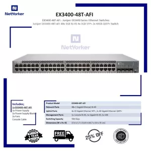 Juniper EX3400-48T-AFI 48x 1GB RJ-45 4x 1GB SFP+ 2x 40GB QSFP+Switch-Fast Shipp - Picture 1 of 1