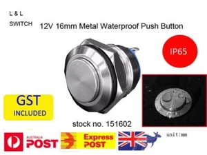12V 16mm Waterproof Metal Push Button Switch, Mom (ON),Panel Mount,IP65-151602 - Picture 1 of 7