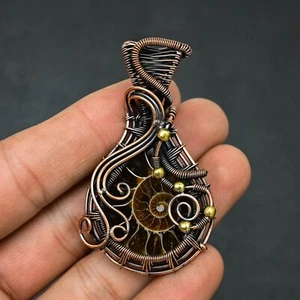 Ammonite Fossil Gemstone Copper Wire Wrap Handmade Pendant Jewelry For Events - Picture 1 of 4