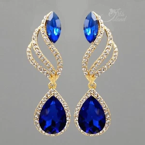 Women Gold Plated Blue Crystal Rhinestone Chandelier Teardrop Dangle Earrings 27 - Picture 1 of 4