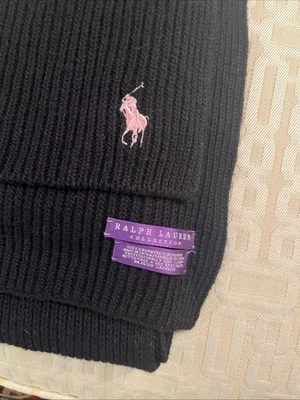 RARO Ralph Lauren Etiqueta Púrpura 100% Cachemira 94” Bufanda Envoltura Negra con PONY ROSA! Foto 1 de 4