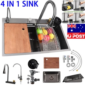Waterfall Kitchen Sink 75*45CM Stainless Steel Single Bowl Topmount Undermount - Picture 1 of 9