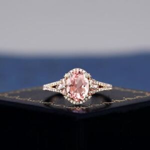 14k Yellow Gold Natural Pink Morganite and Diamonds Gemstone Women Bridal Ring