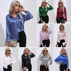 Elegant Women Satin Shirt Solid Color Long Sleeve Blouse Casual Button Down Tops - Picture 1 of 117
