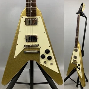 Burny LV-115KK Gold Flying V type W/Gig bag Electric Guitar Used From Japan - Picture 1 of 9
