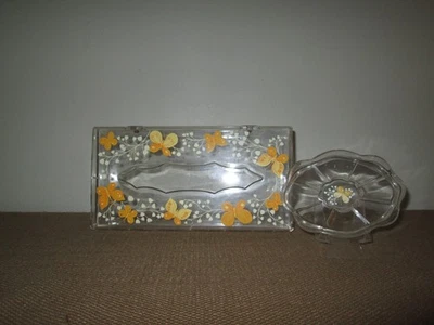 Caja de pañuelos de mariposas amarillas plástico acrílico transparente años 70 WOLFF + jabonera de colección Foto 1 de 4