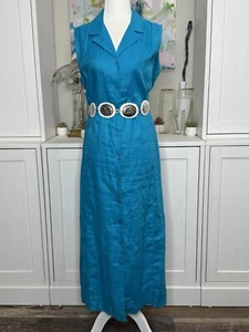 Petite Sophisticate Dress Blue Linen Maxi Button Up Size 12p Collared Sleeveless - Picture 1 of 11