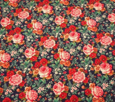 Floral Fabric 1 3/8 Yard Pink Dk Red Flowers Green Leafs Navy Blue Cotton Vtg #C - Image 1 of 3
