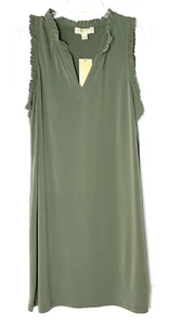 MICHAEL KORS MK Green Ruffle Trim V-Neck Matte Jersey Stretch Shift Dress XL 16 - Picture 1 of 6